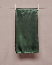 Load image into Gallery viewer, Rectangular, folded, forest green satin scarf held on a clothesline by two clothespins in front of a light beige background
